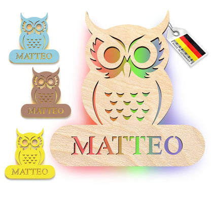 Personalisierte Burg Wandleuchte mit namensschild und minimalistischer Eulenfigur