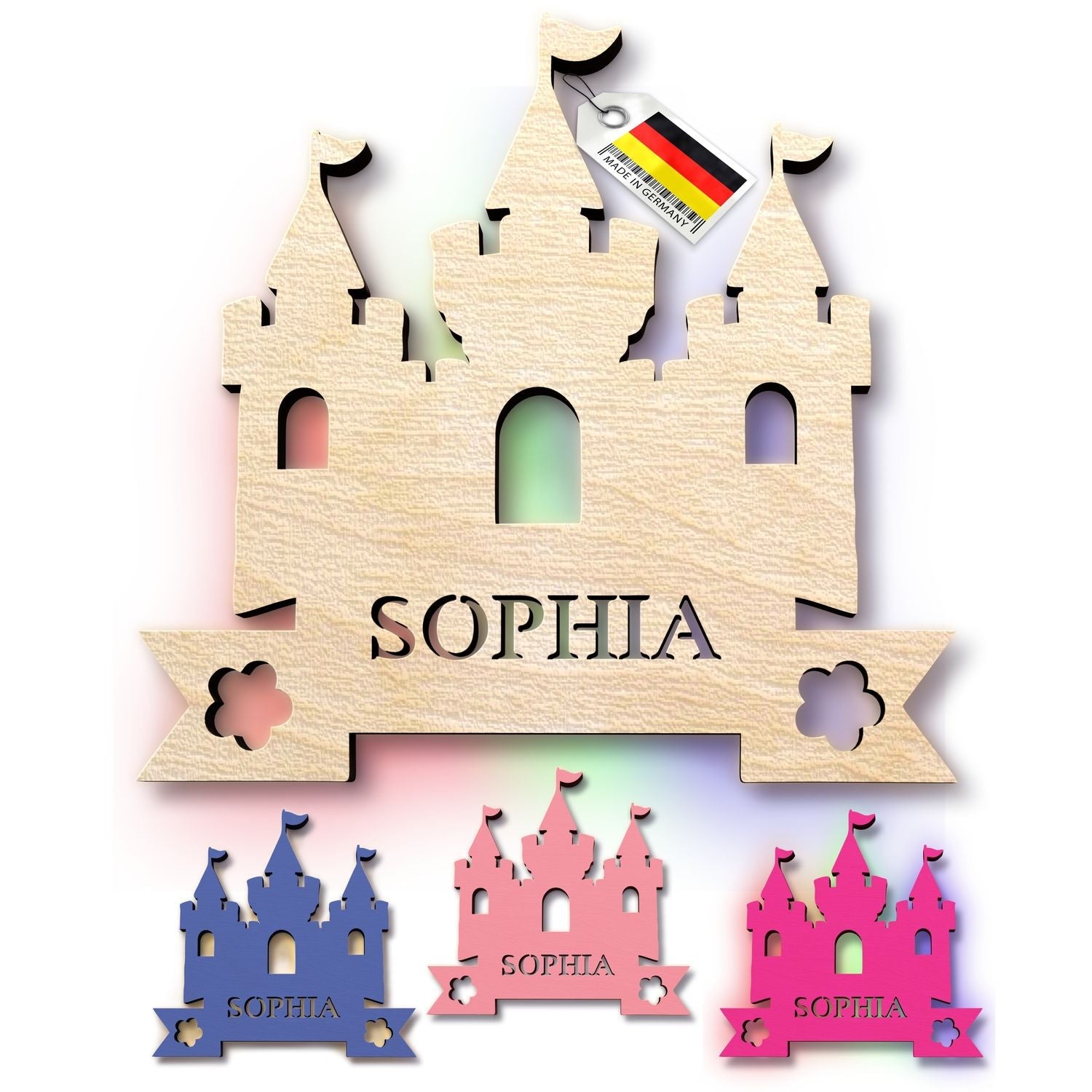 Holzschild in Burgform mit personalisiertem Namen für Kinderzimmer Dekoration