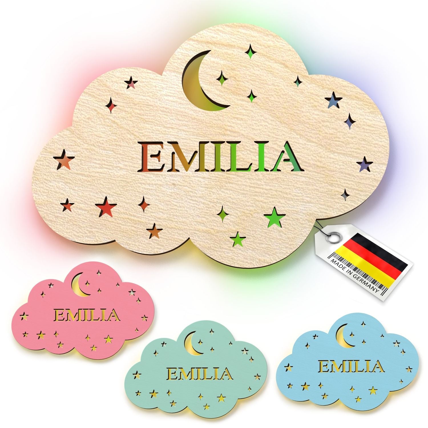 Personalisierte Holz-Wolken-Nachtlampe mit Sternen und Mond für Kinderzimmer