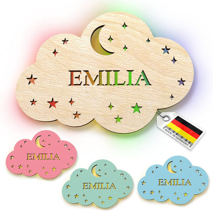 Personalisierte Holz-Wolken-Nachtlampe mit Sternen und Mond für Kinderzimmer