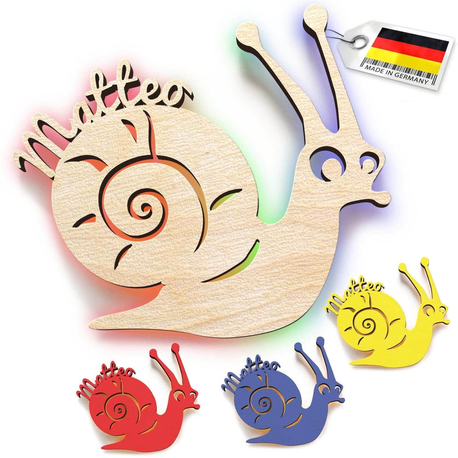 Holzschnecke Nachttischlampe mit personalisiertem Namen für Kinderzimmer
