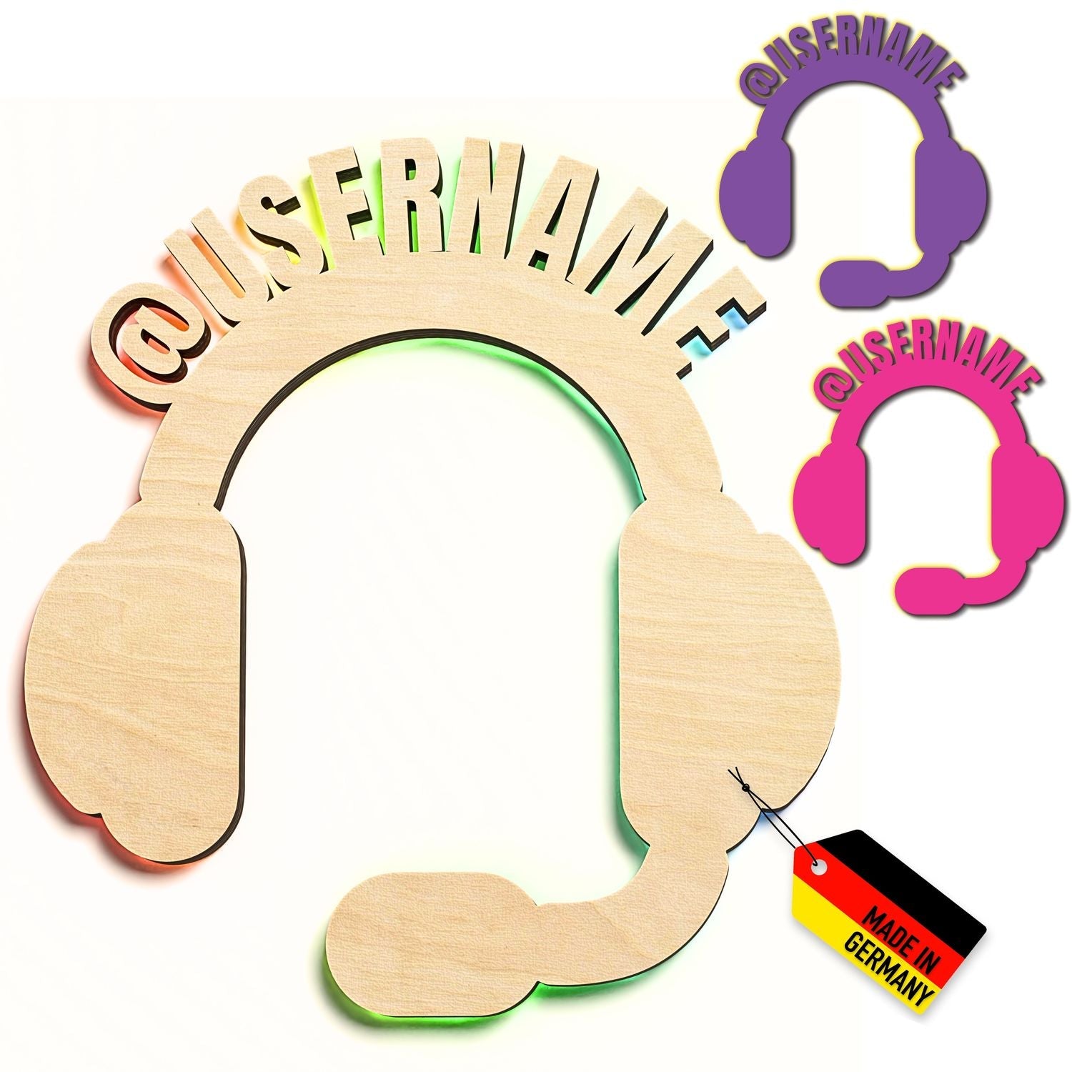 Personalisierte Headset Wandleuchte aus Holz mit bunten Kunststoffdetails für Gaming Fans