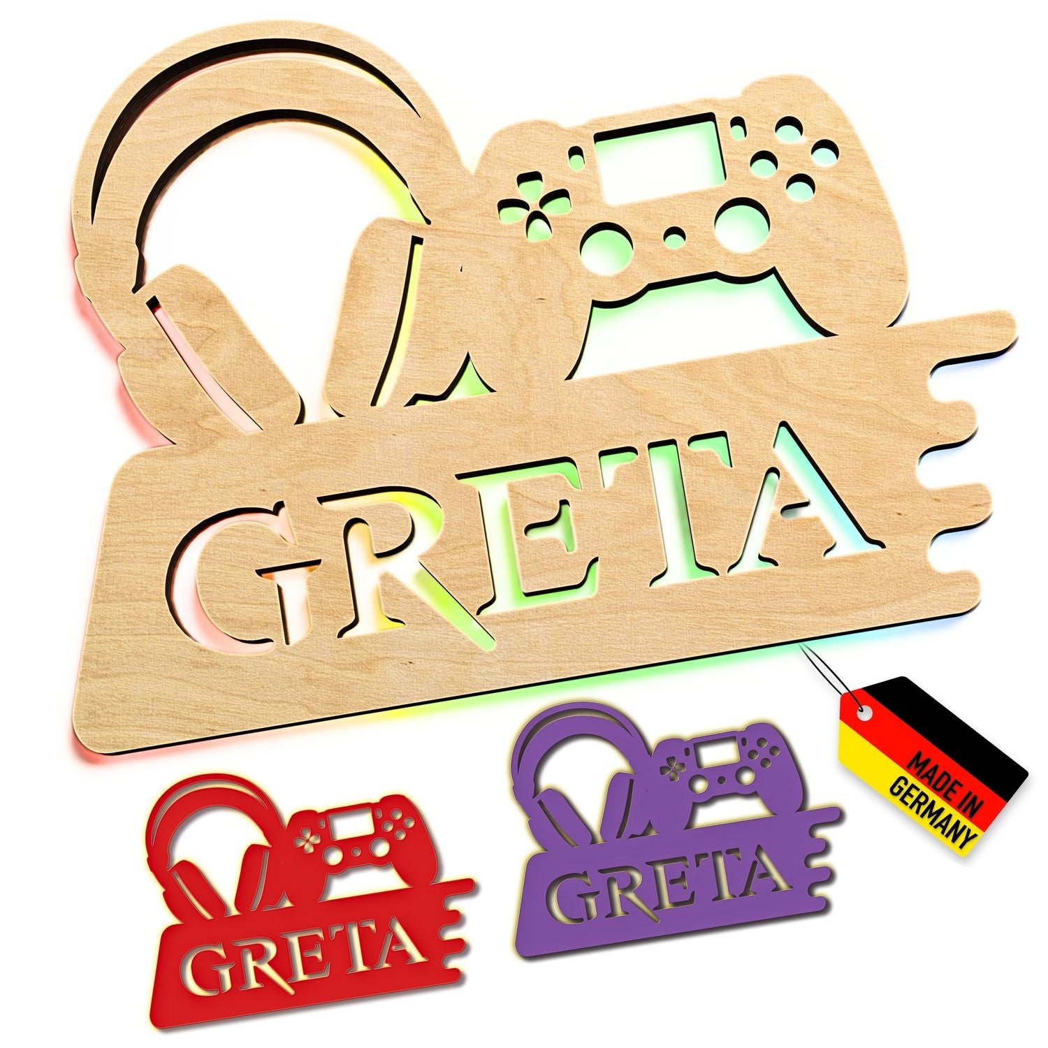 Personalisierte Holz-Wandlampe mit Gaming-Headset und Controller für Gaming-Fans
