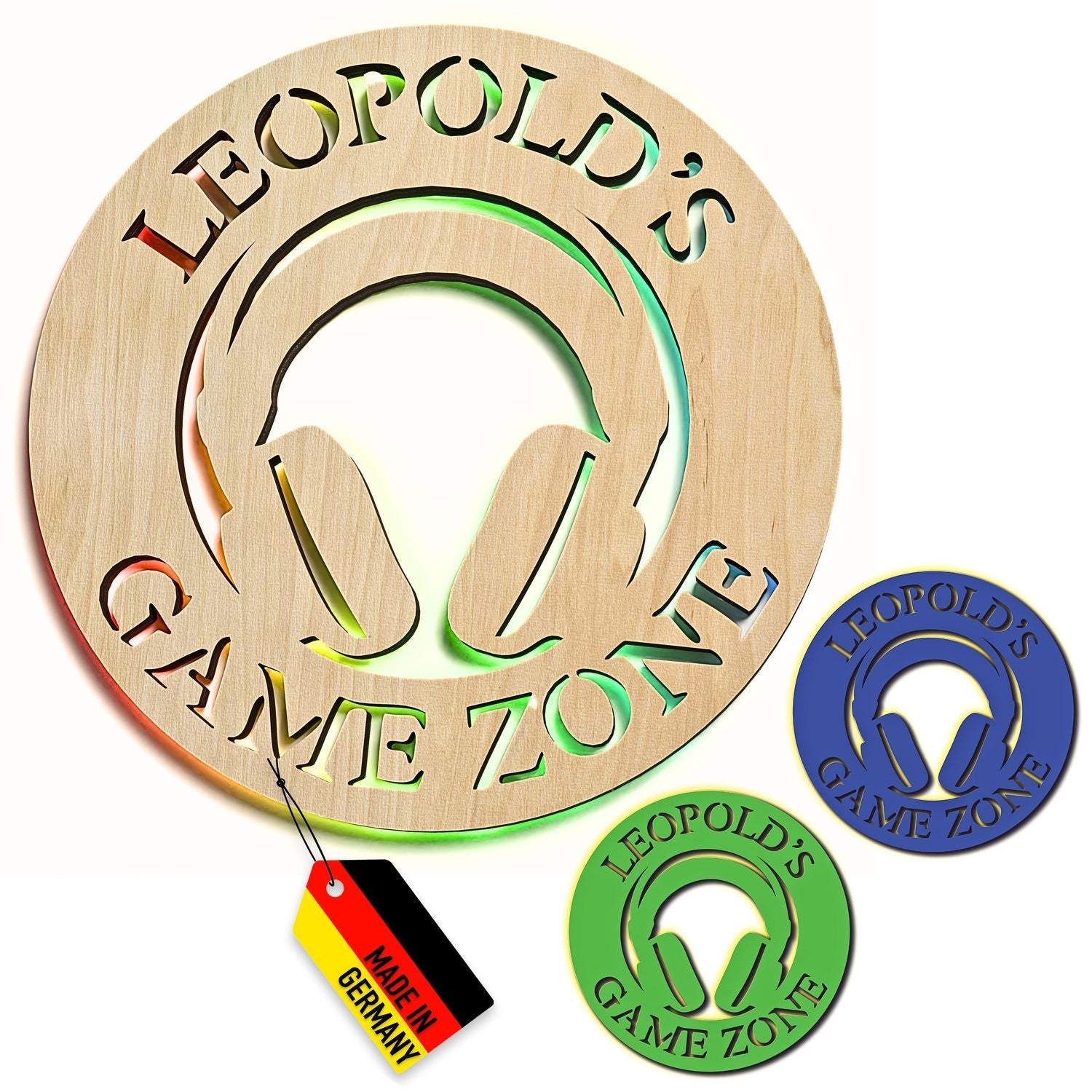 Personalisierte Headset Wandleuchte aus Holz mit kreisförmigem Schild und Kopfhörer-Cutout