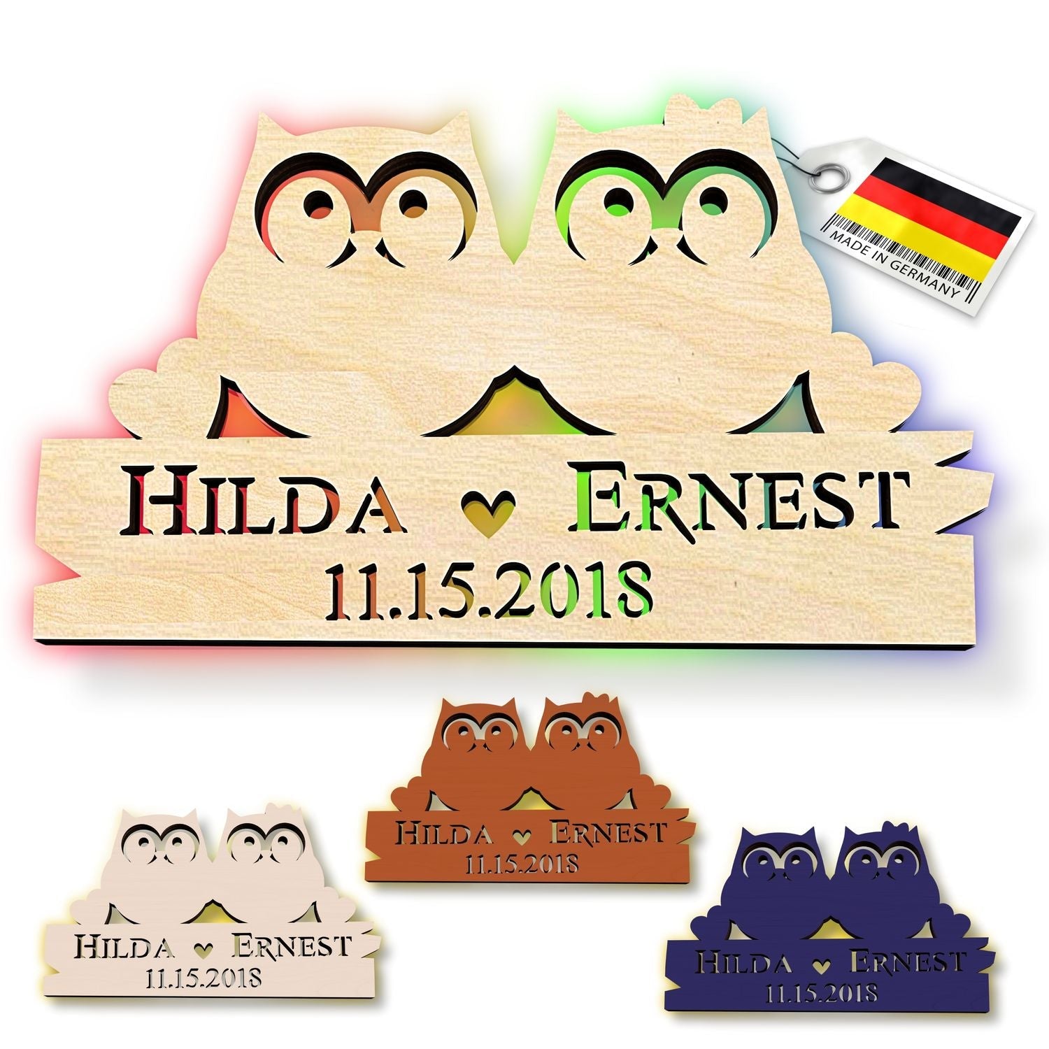 Personalisierte Herz-Holzleuchte mit Namen, Datum, zwei Eulen und Beleuchtung