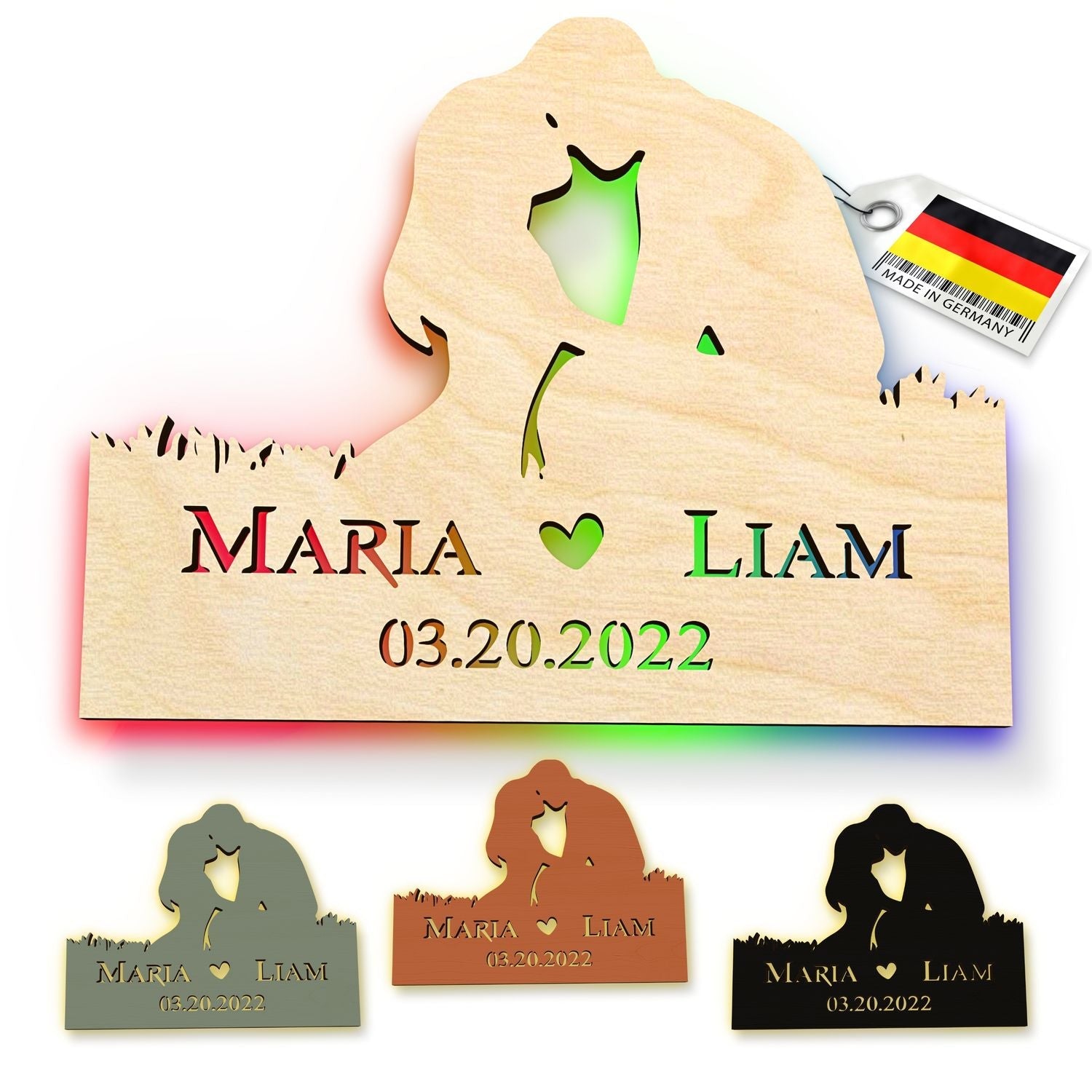 Personalisierte Herz-Holzleuchte mit Paar-Silhouette, Namen und Datum