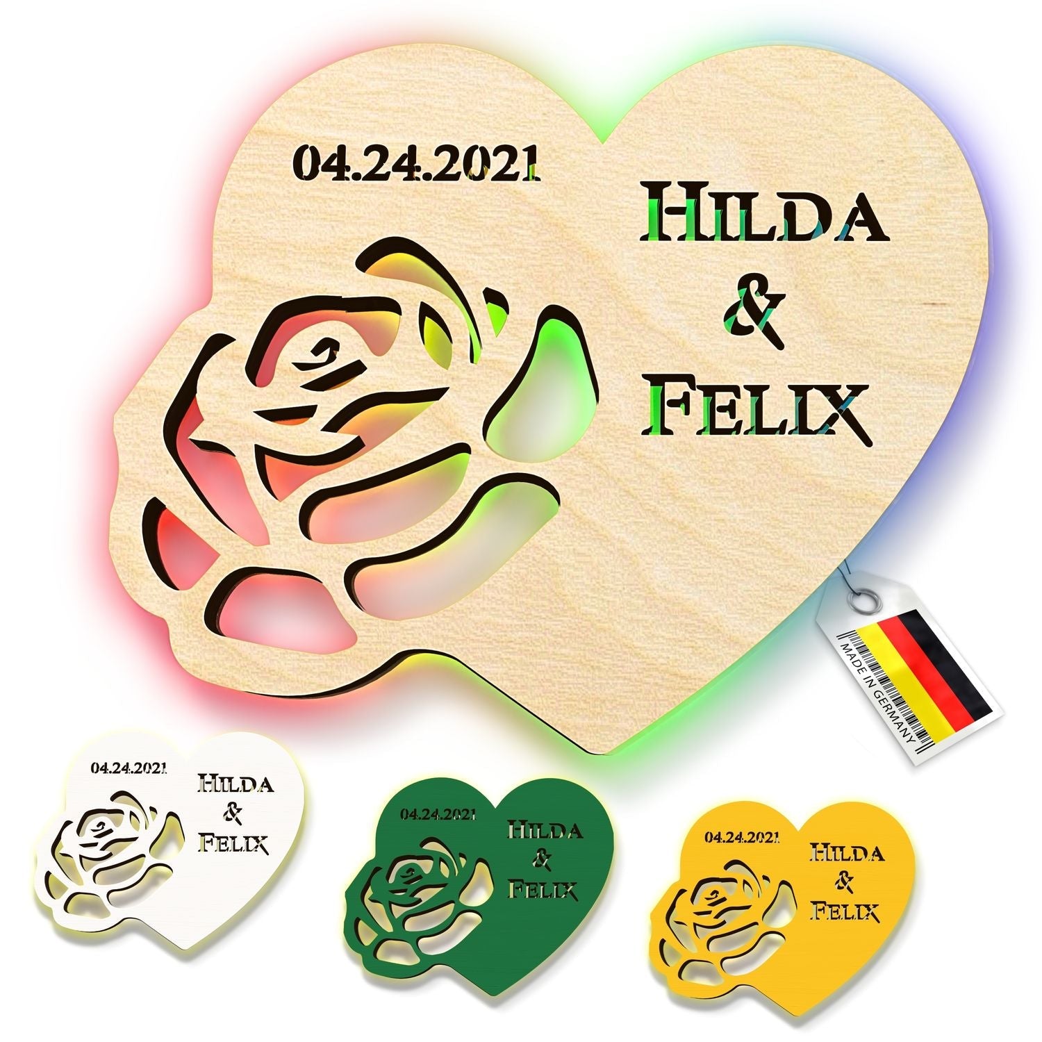 Personalisierte Herz-Holzleuchte mit Namen, Datum und geschnitzter Rose