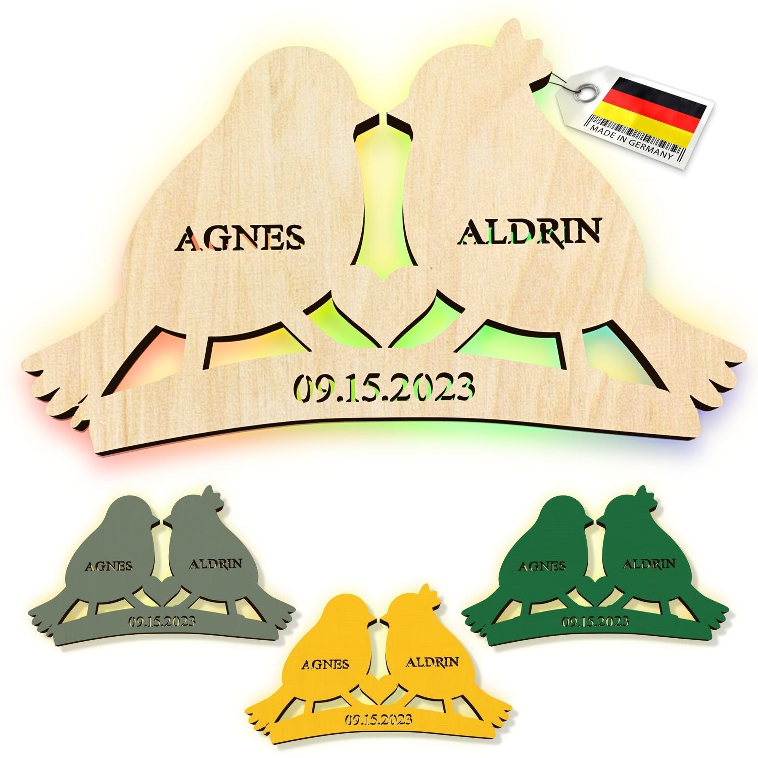 Personalisierte Herz-Holzleuchte mit Namen und Datum, Vogel-Design, LED-Beleuchtung