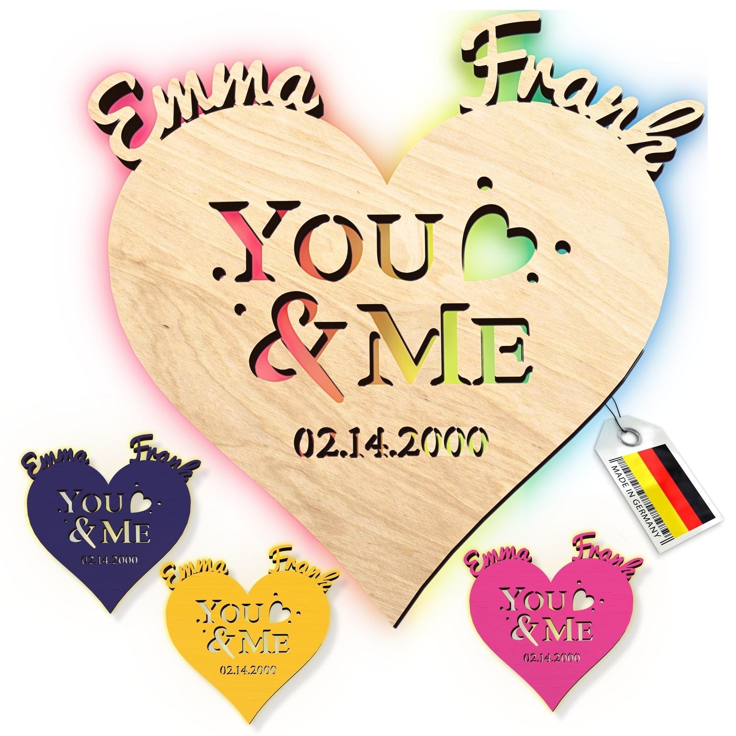 Herzförmige Holzplatte mit You & Me Ausschnitt für personalisierte Holzleuchte