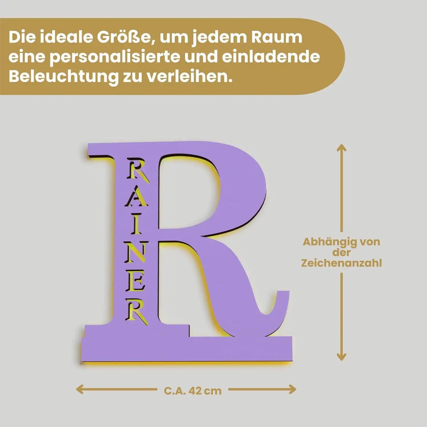 Personalisierte Holzbuchstaben Lampe mit Namensgravur Rainer in lila Holzoptik