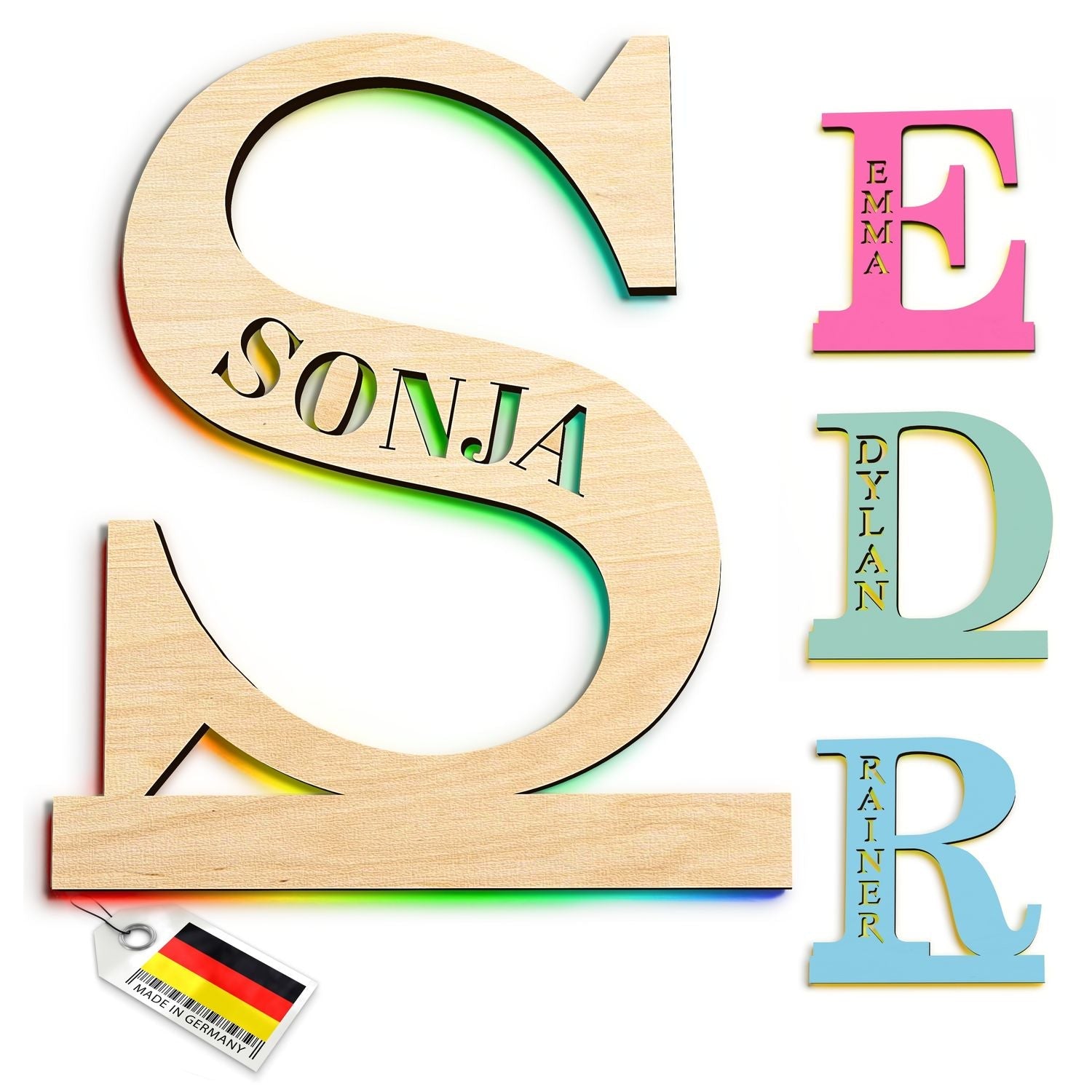 Personalisierte Holzbuchstaben Lampe mit Namensgravur, individuell anpassbar