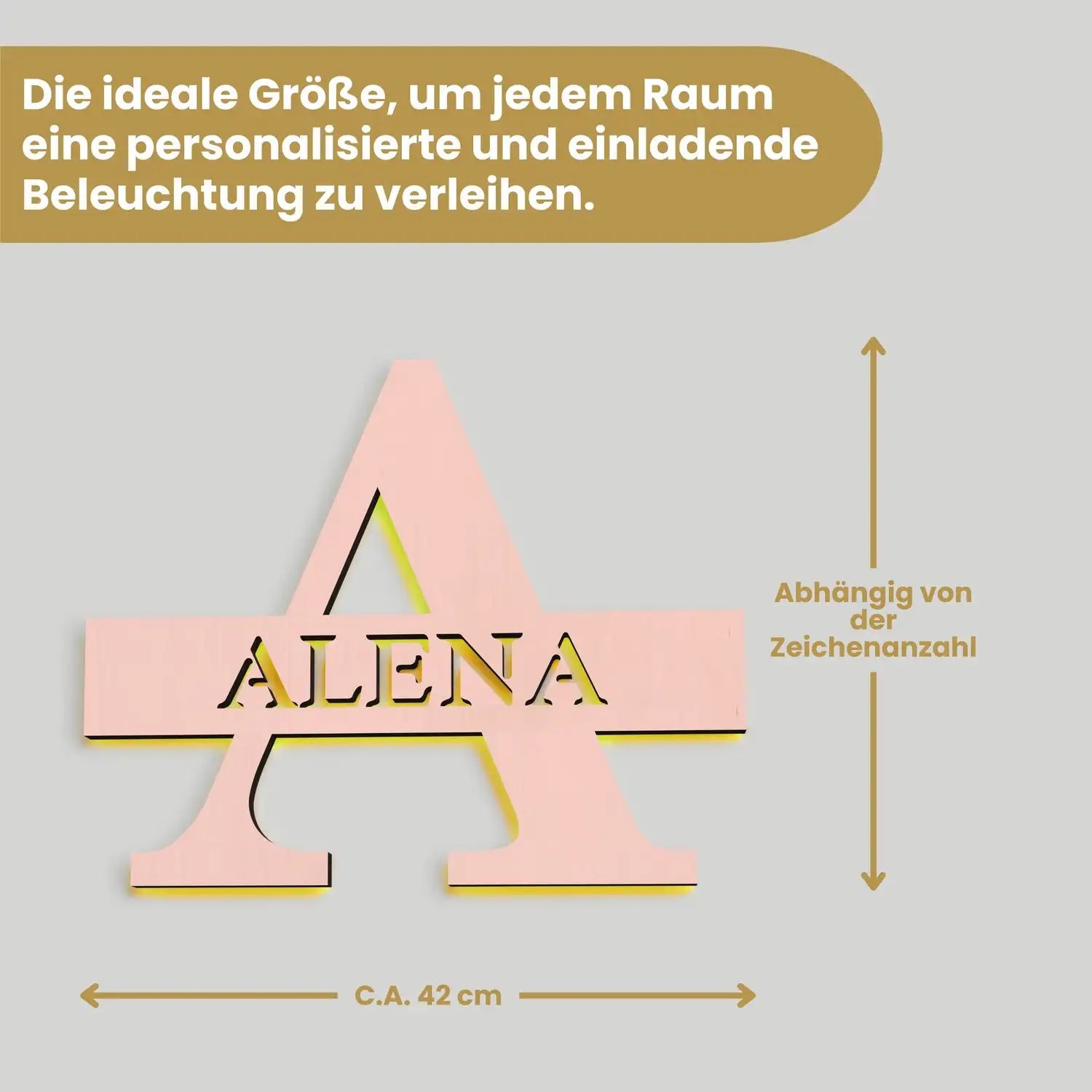 Pinkes Holzbuchstabe A mit eingraviertem Namen ALENA, personalisierte Holzlampe mit LED