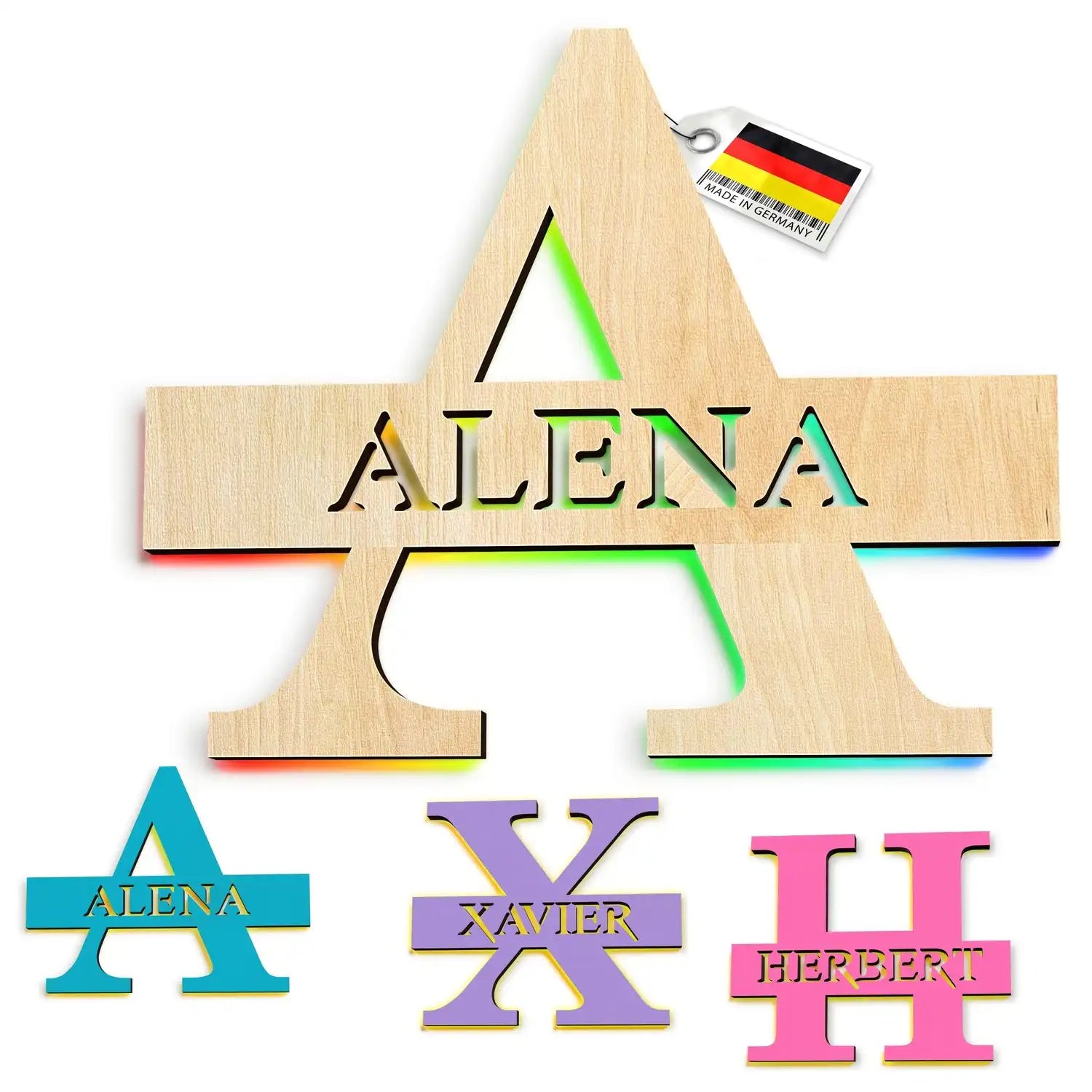 Personalisierte Holzbuchstabenlampe mit LED, Namensgravur und individuellen Holzbuchstaben