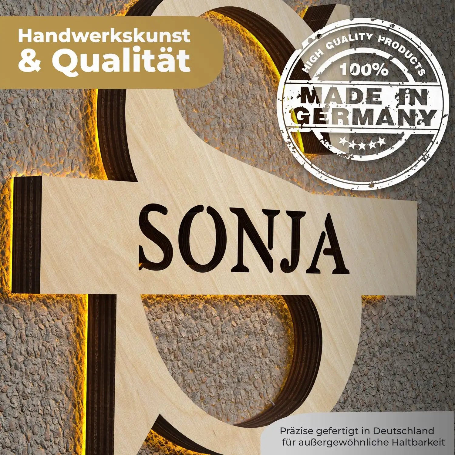 Personalisierte Holzbuchstabenlampe mit LED und Namensgravur, backbeleuchtet