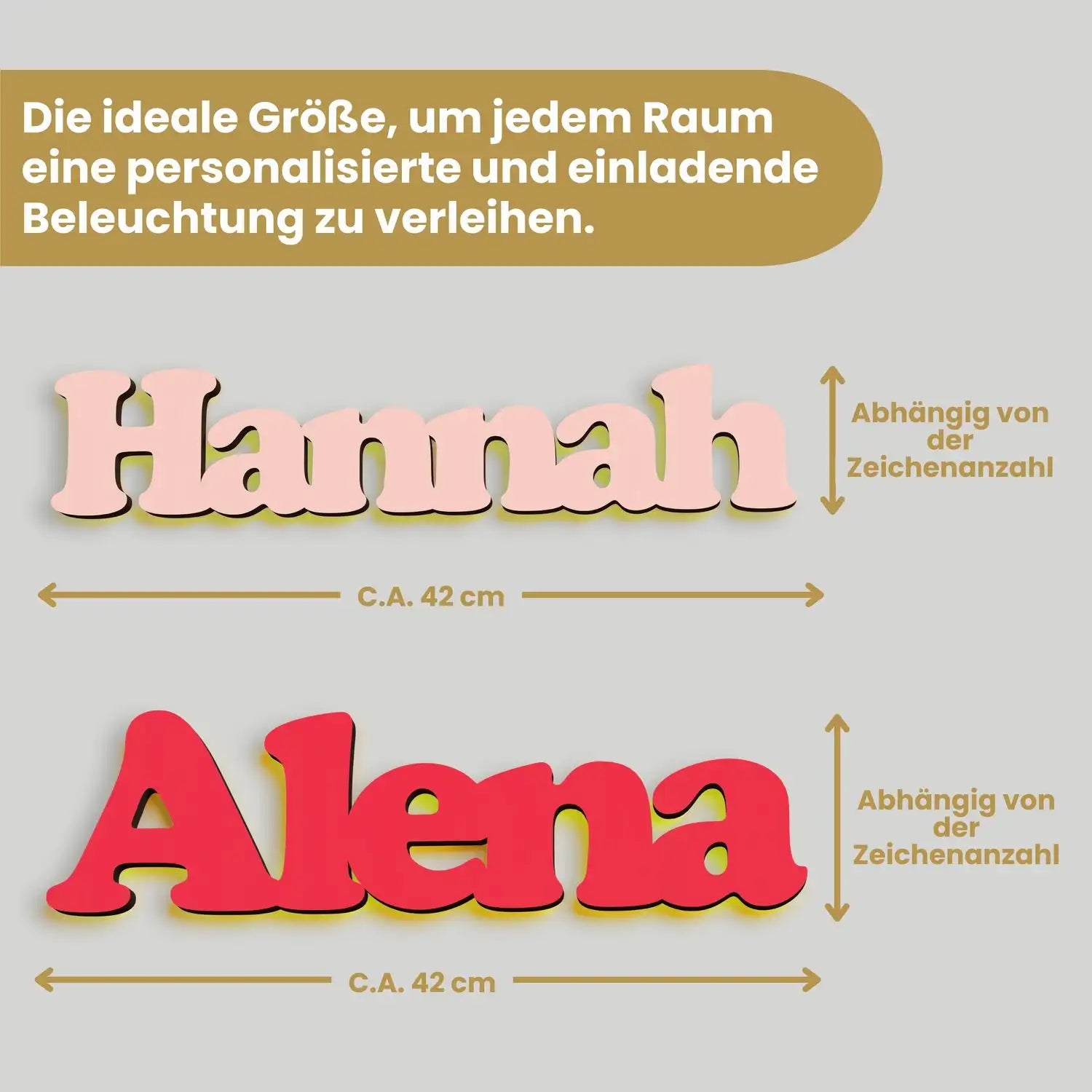 Zwei personalisierte Holz-Namensschilder mit Maßen für die Personalisierte LED Namenslampe aus Holz mit bunten Rändern