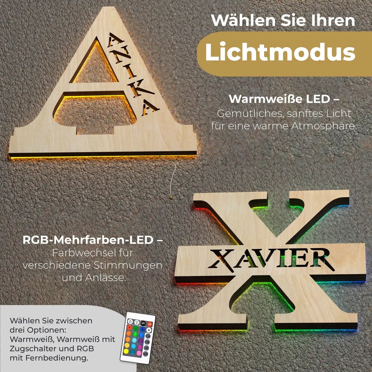 Personalisierte LED Namenslampe aus Holz mit bunten Rändern und anpassbarer Beleuchtung