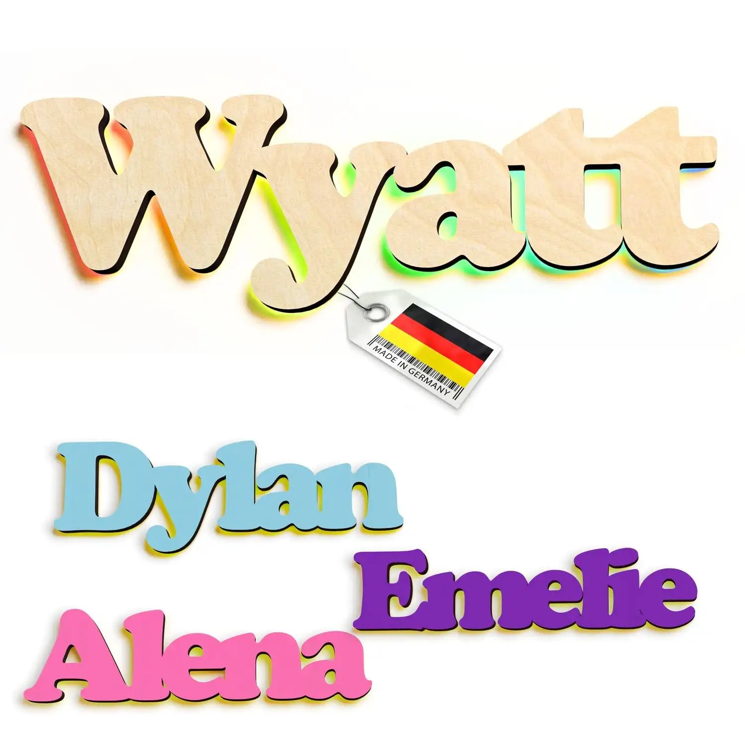 Personalisierte LED Namenslampe aus Holz mit bunten Rändern und Holznamebuchstaben