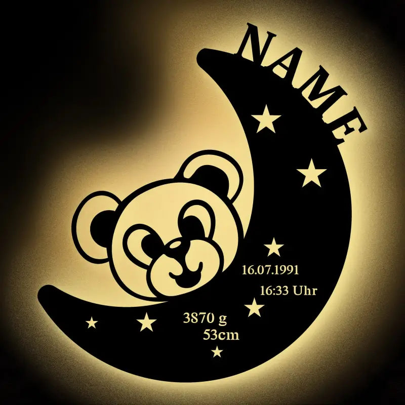 Personalisierte LED-Wandleuchte Baby mit Teddybär, Mond und Geburtsdaten beleuchtet