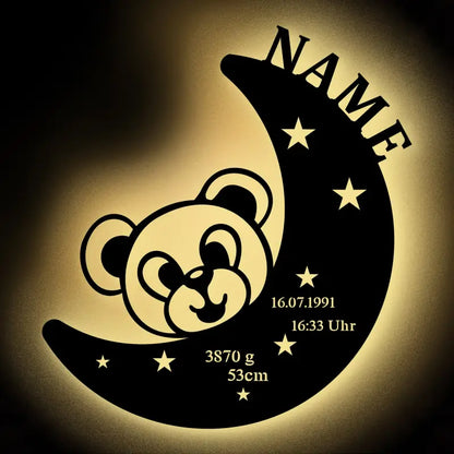 Personalisierte LED-Wandleuchte Baby mit Teddybär, Mond und Geburtsdaten beleuchtet