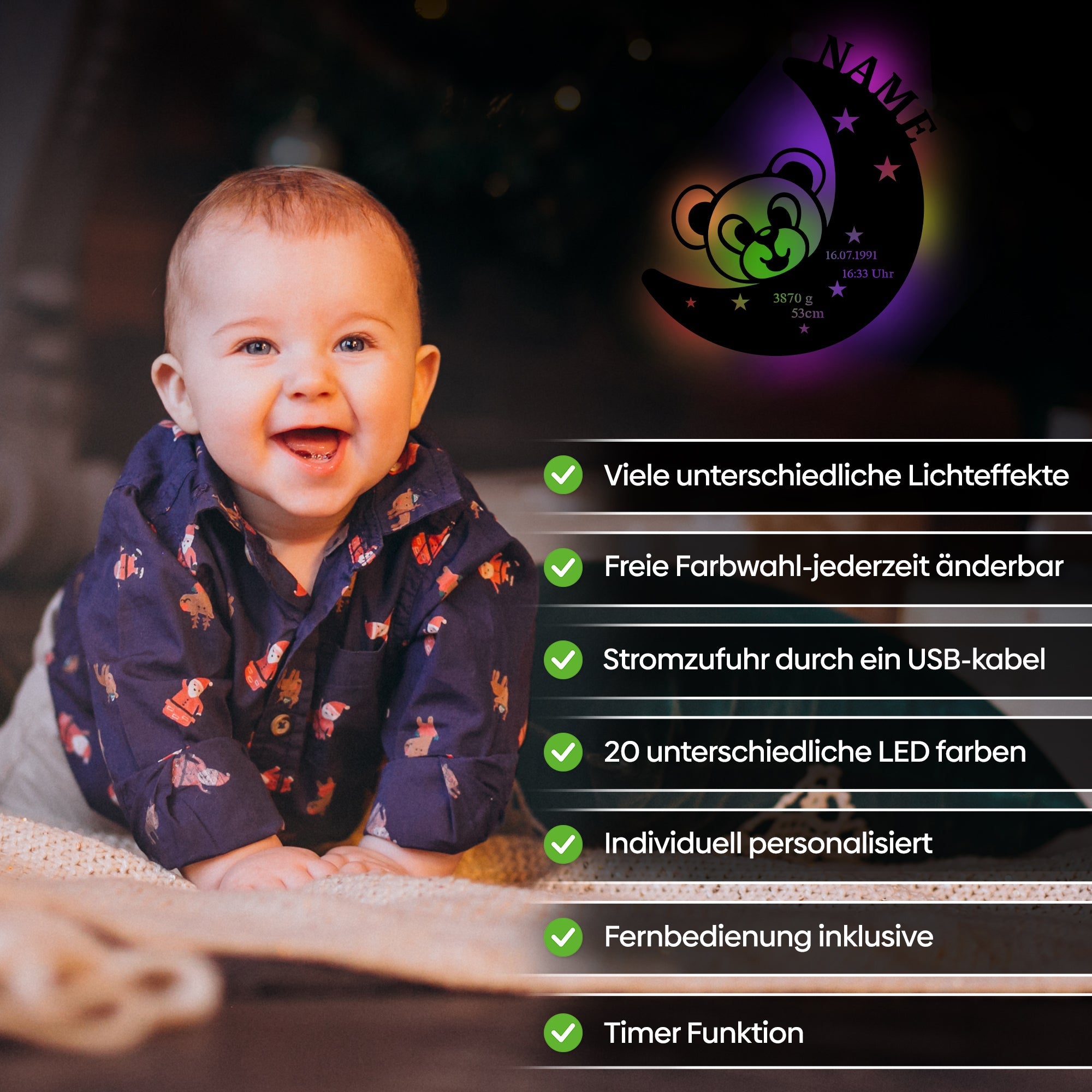 Personalisierte LED-Wandleuchte Baby mit Teddybär, Geburtsdaten und farbwechselndem Licht