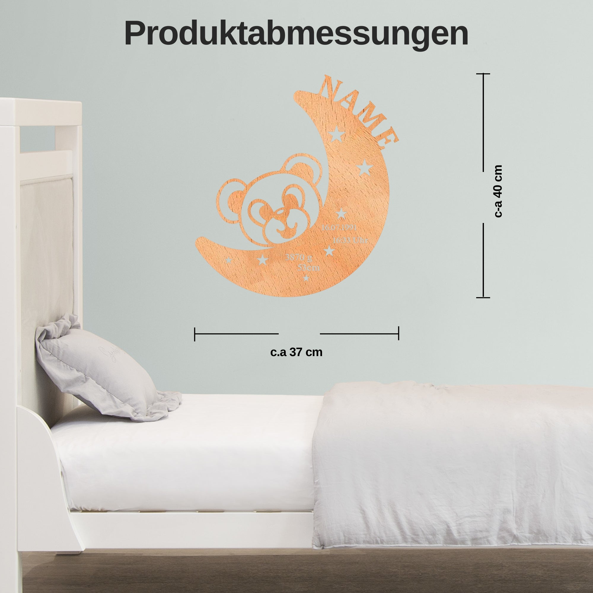 Personalisierte LED-Wandleuchte Baby mit Teddybär, Mond und Sternen, personalisiert