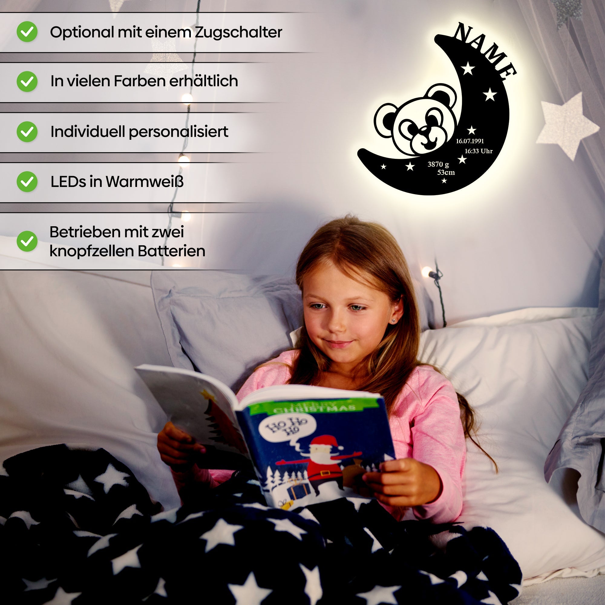 Personalisierte LED-Wandleuchte Baby mit Mond, Teddybär und Geburtsdaten