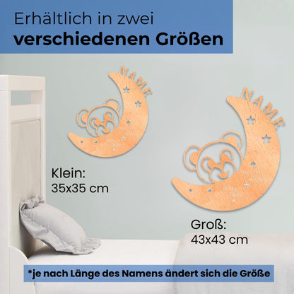 Personalisierte LED-Wandleuchte mit Bär im Mond und Sternen