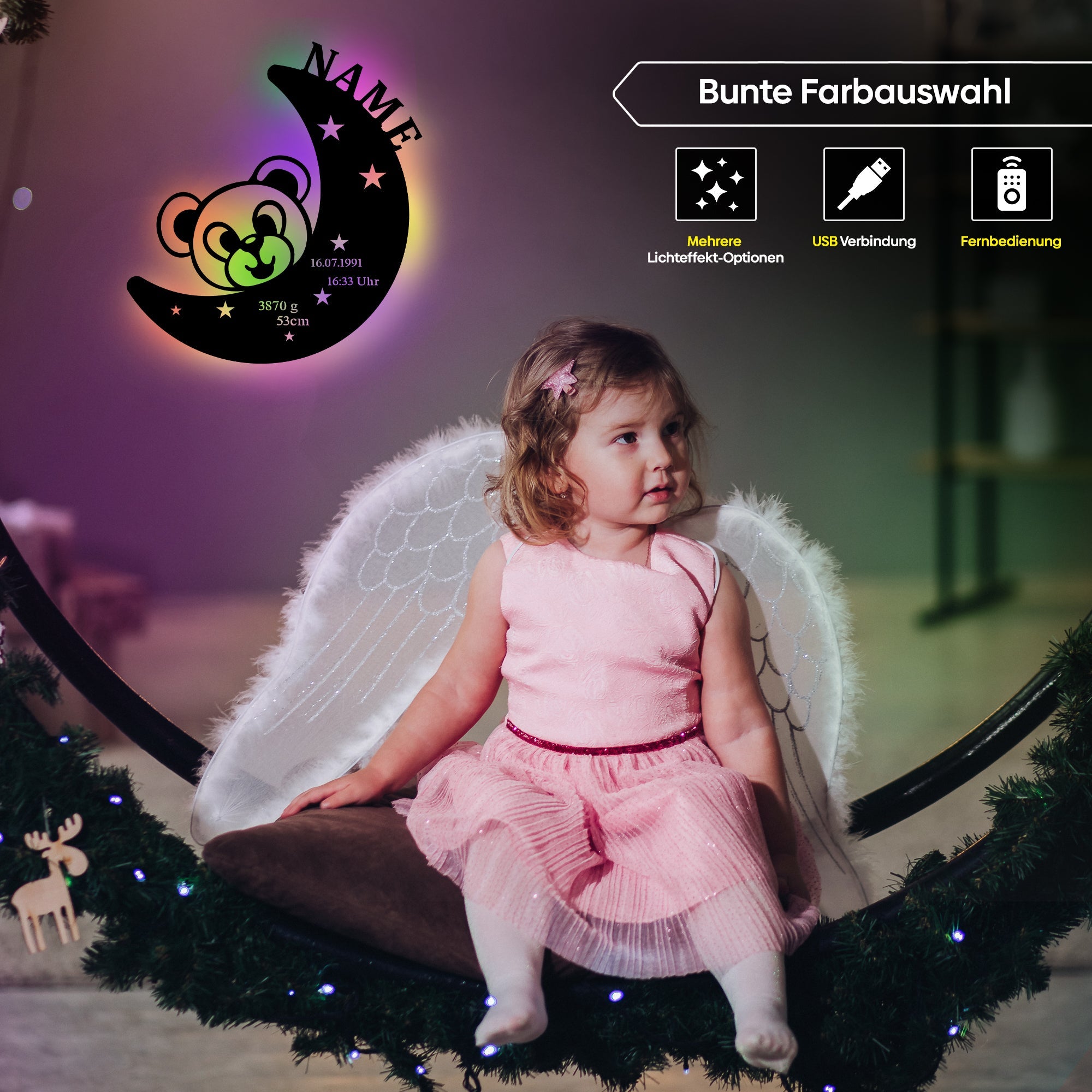 Personalisierte LED-Wandleuchte mit Mond und Teddybär für nächtliche Beleuchtung