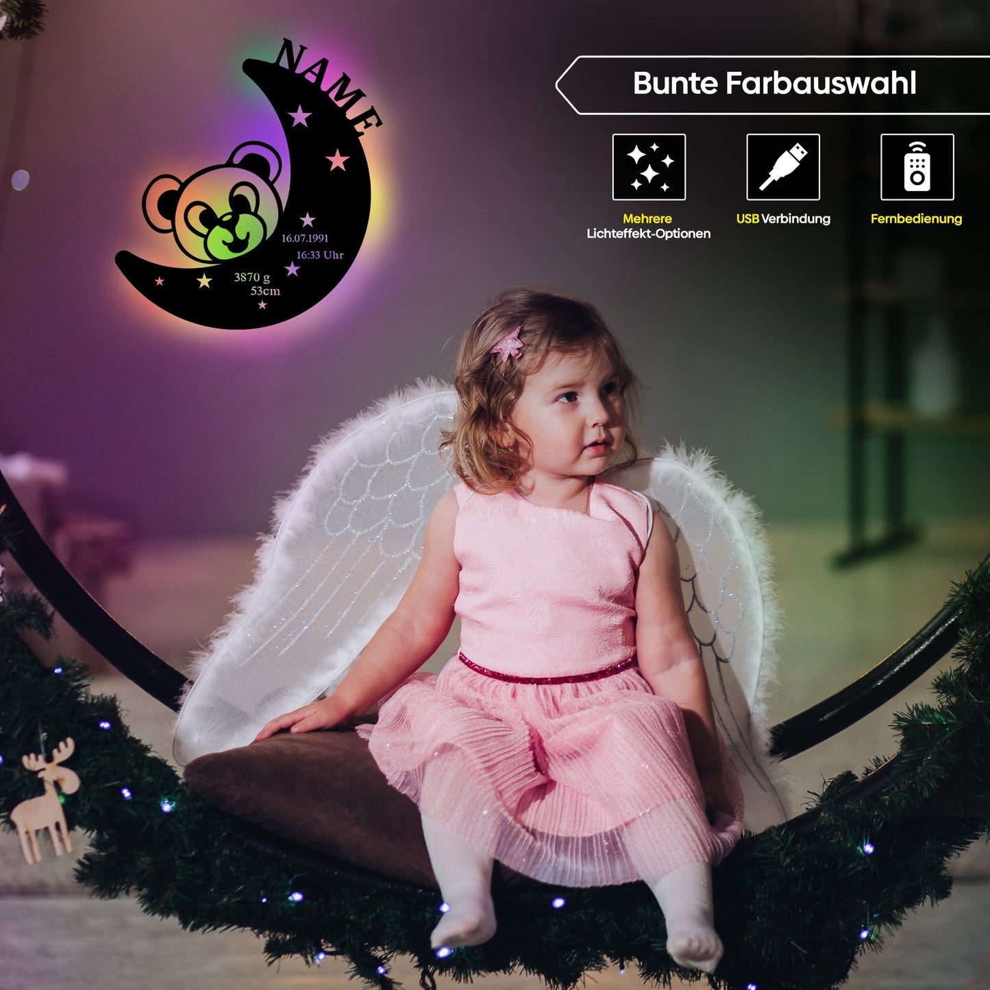 Personalisierte LED-Wandleuchte mit Mond und Teddybär für nächtliche Beleuchtung