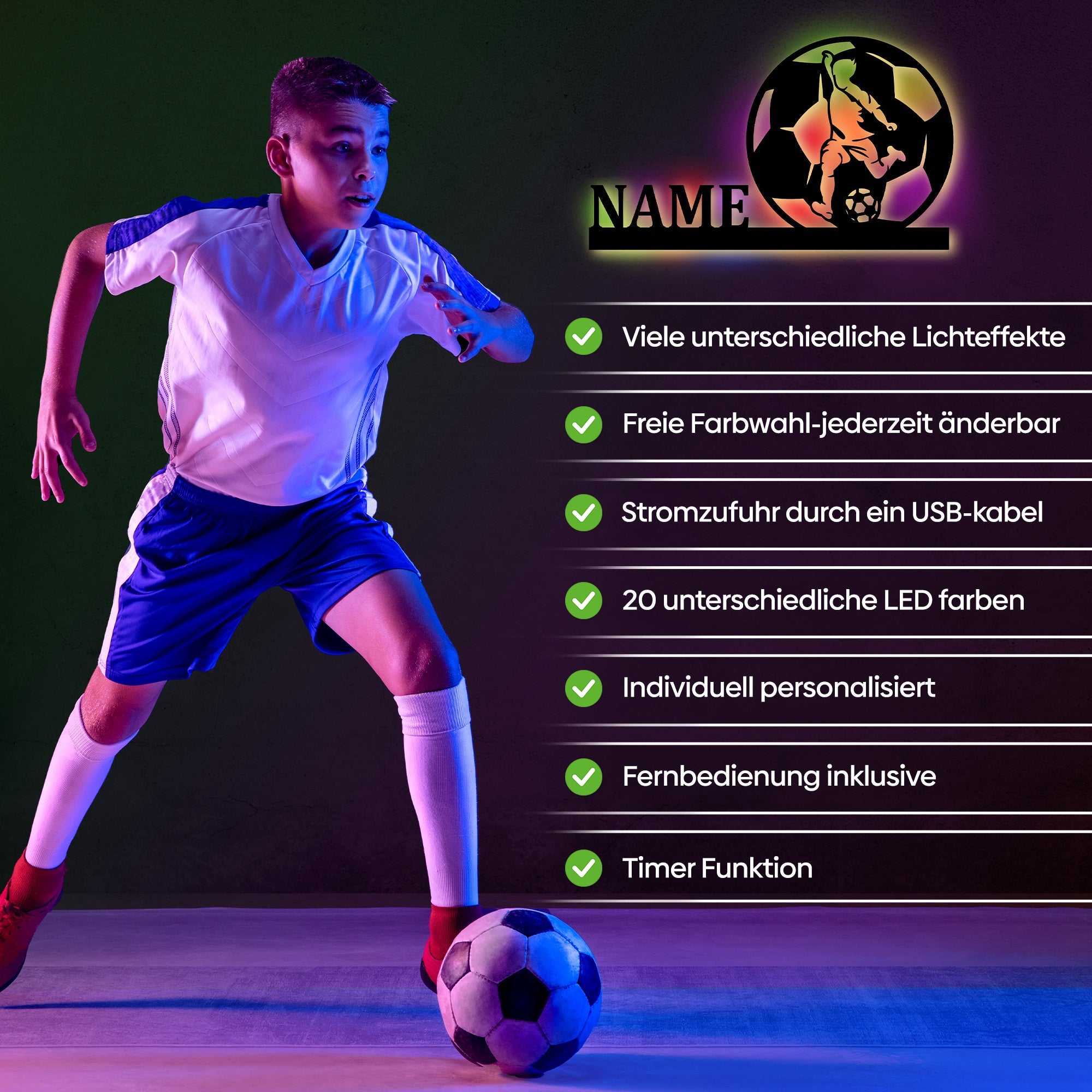 Personalisierte LED Wandleuchte Fußballspieler Holzschild mit Namen und Farbwechselfunktion
