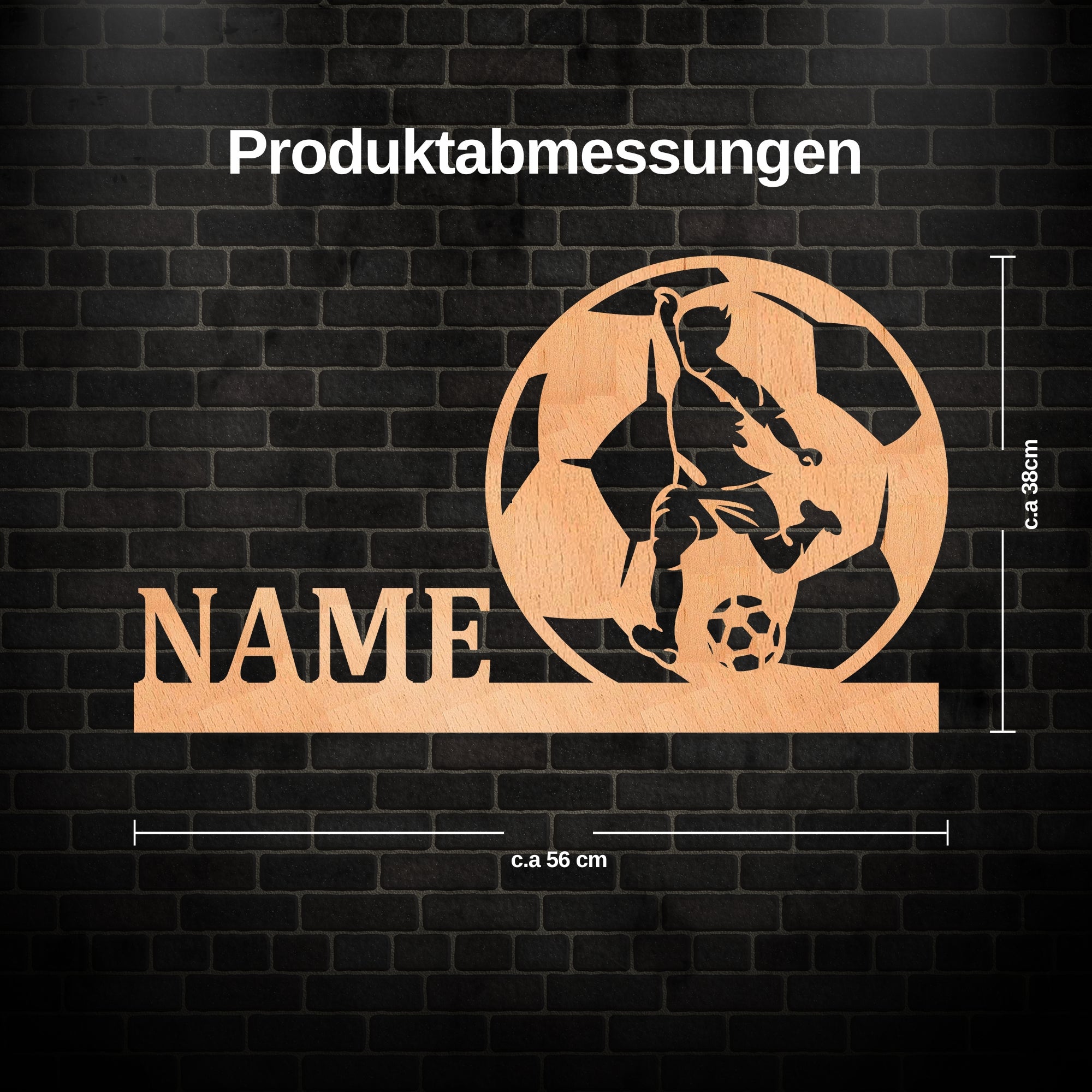 Personalisierte LED Wandleuchte mit Holzschild und Silhouette eines Fußballspielers