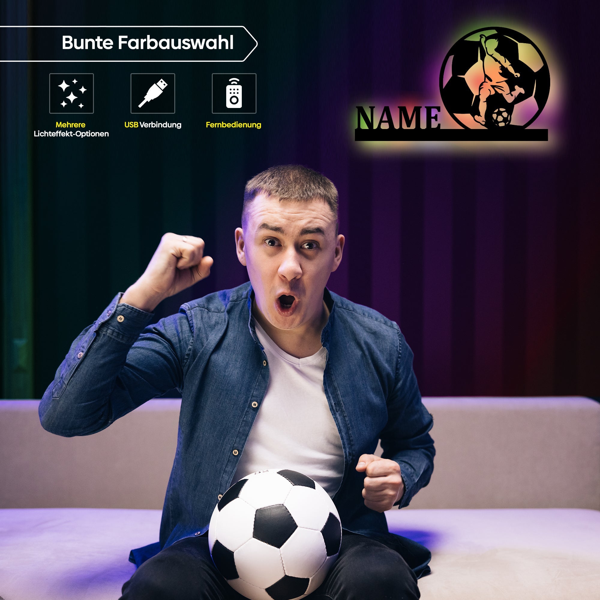 Personalisierte LED Wandleuchte Fußballspieler Holzschild mit Namen, dekoratives Wandlicht