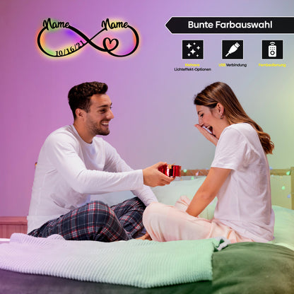 Personalisiertes Infinity LED-Schild mit Namen und Datum in warmweiß-optik, perfekte Geschenkideen