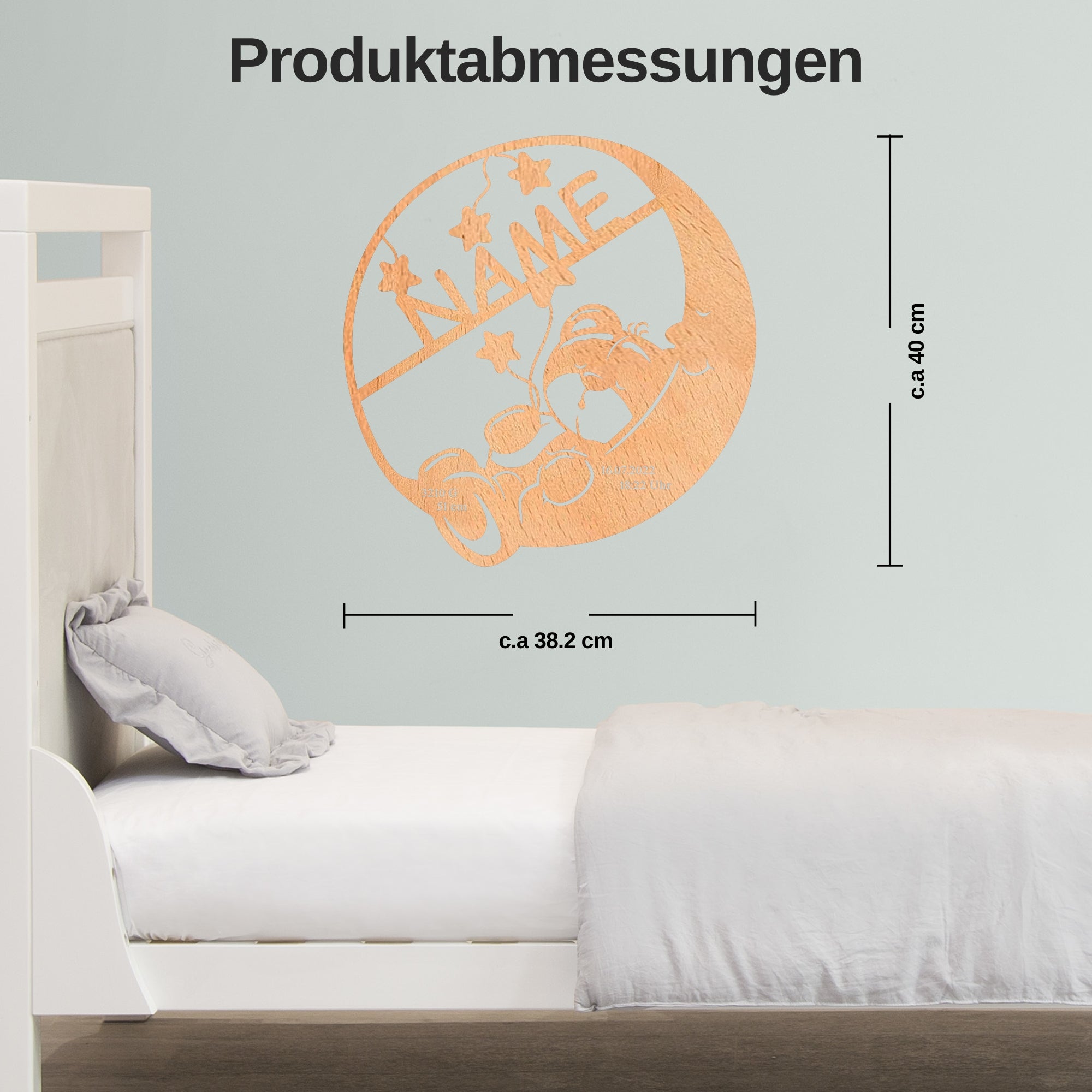 Personalisierte Mondlicht LED Wandleuchte mit Name, Geburtsdaten, Sternen und Orange Mond