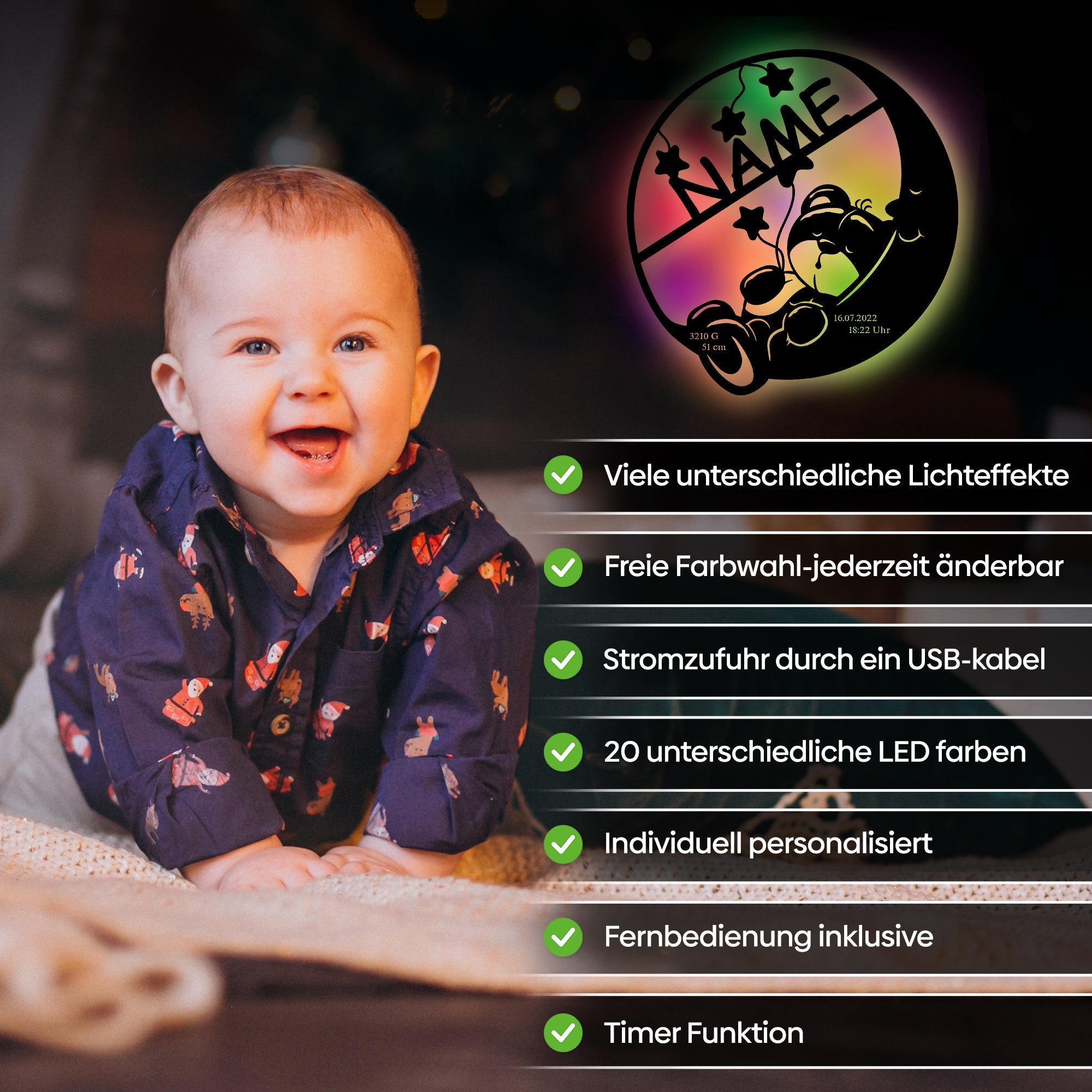 Personalisierte Mondlicht LED Wandleuchte mit Name, Geburtsdaten und Farbwechseloptionen