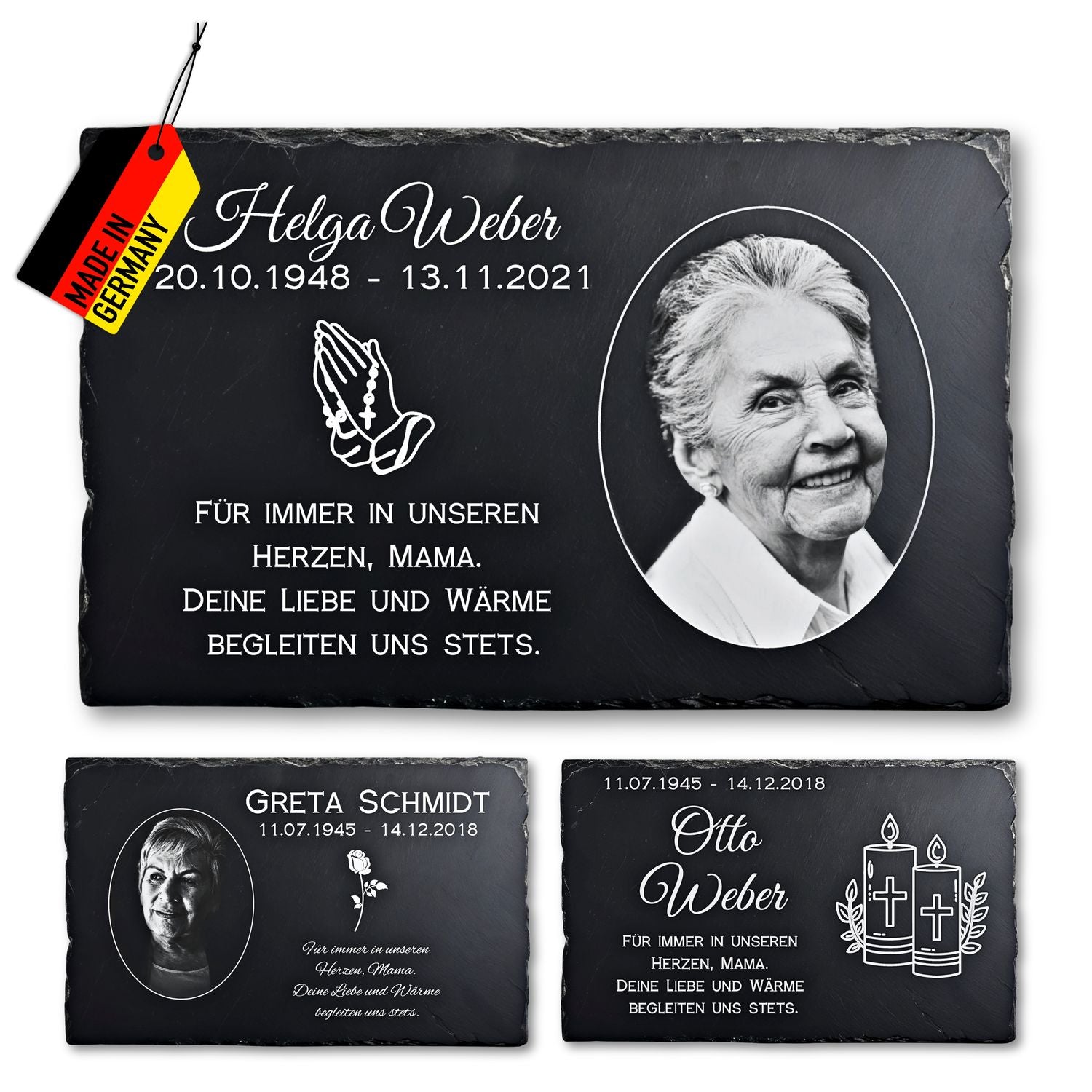Drei dunkle schiefer gedenktafeln als personalisiertes stilvolles andenken