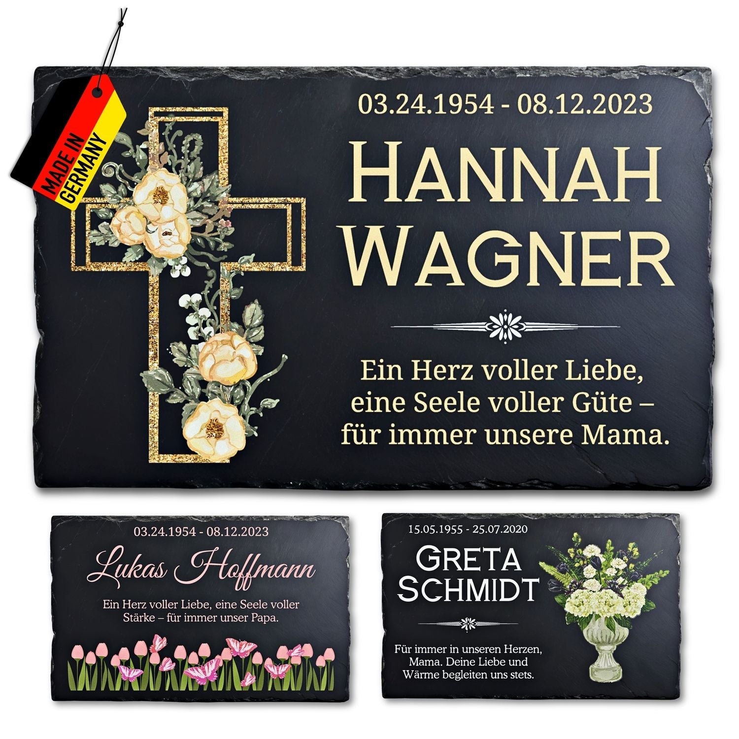 Drei rechteckige Schiefer Gedenktafeln mit Gravur und Foto für personalisierte Erinnerung