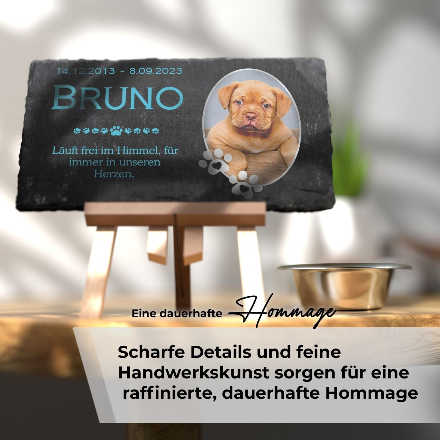 Personalisierte schiefer grabplatte für haustiere mit foto auf hochwertigem schiefer