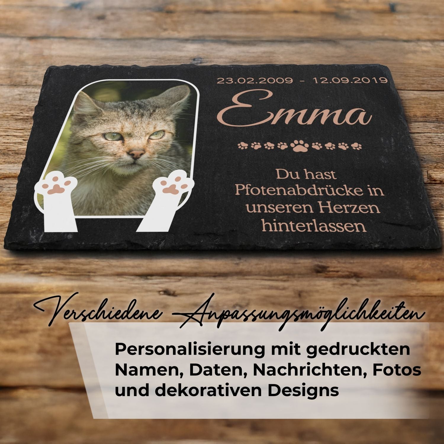 Personalisierte schiefer grabplatte für haustiere mit foto und individuellem text