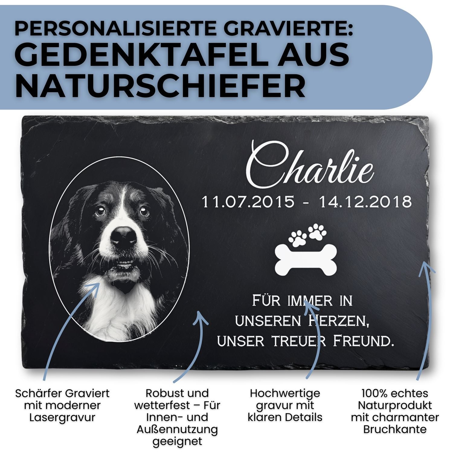Personalisierte Schiefer Grabplatte mit Katzenporträt und Gravur, natürliche Schieferplatte