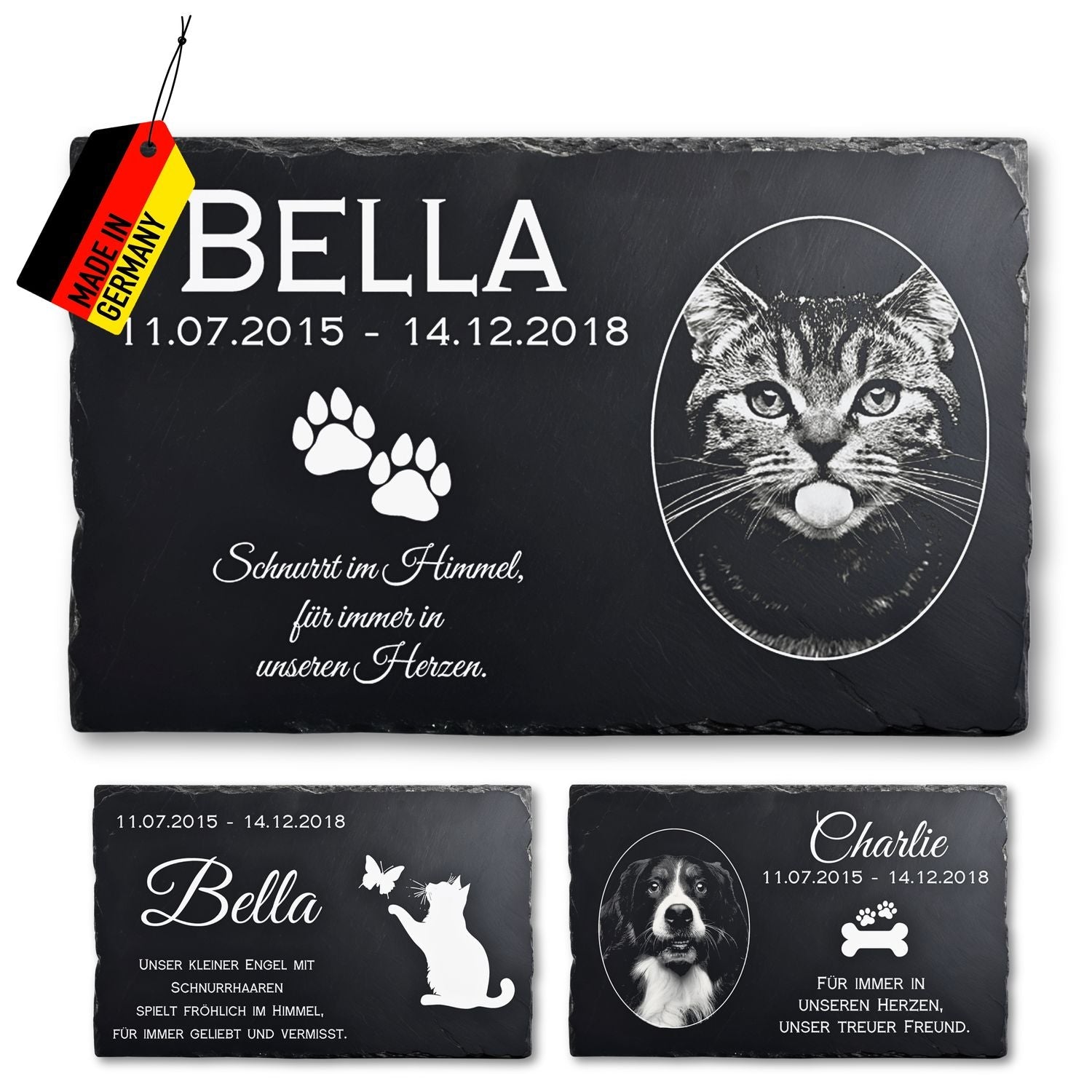 Personalisierte schiefer grabplatte mit Katzenporträt und Gravur für Tierliebhaber