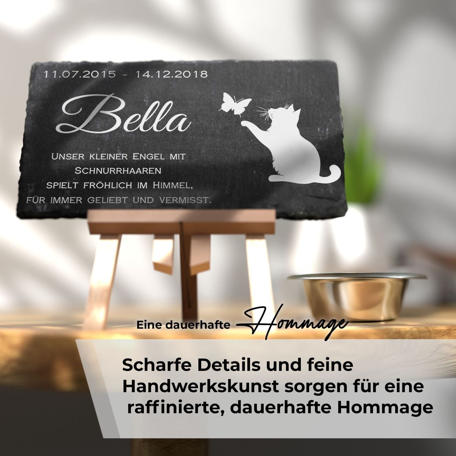 Personalisierte Schiefer Grabplatte mit Katzenporträt und Gravur für ein individuelles Haustierdenkmal