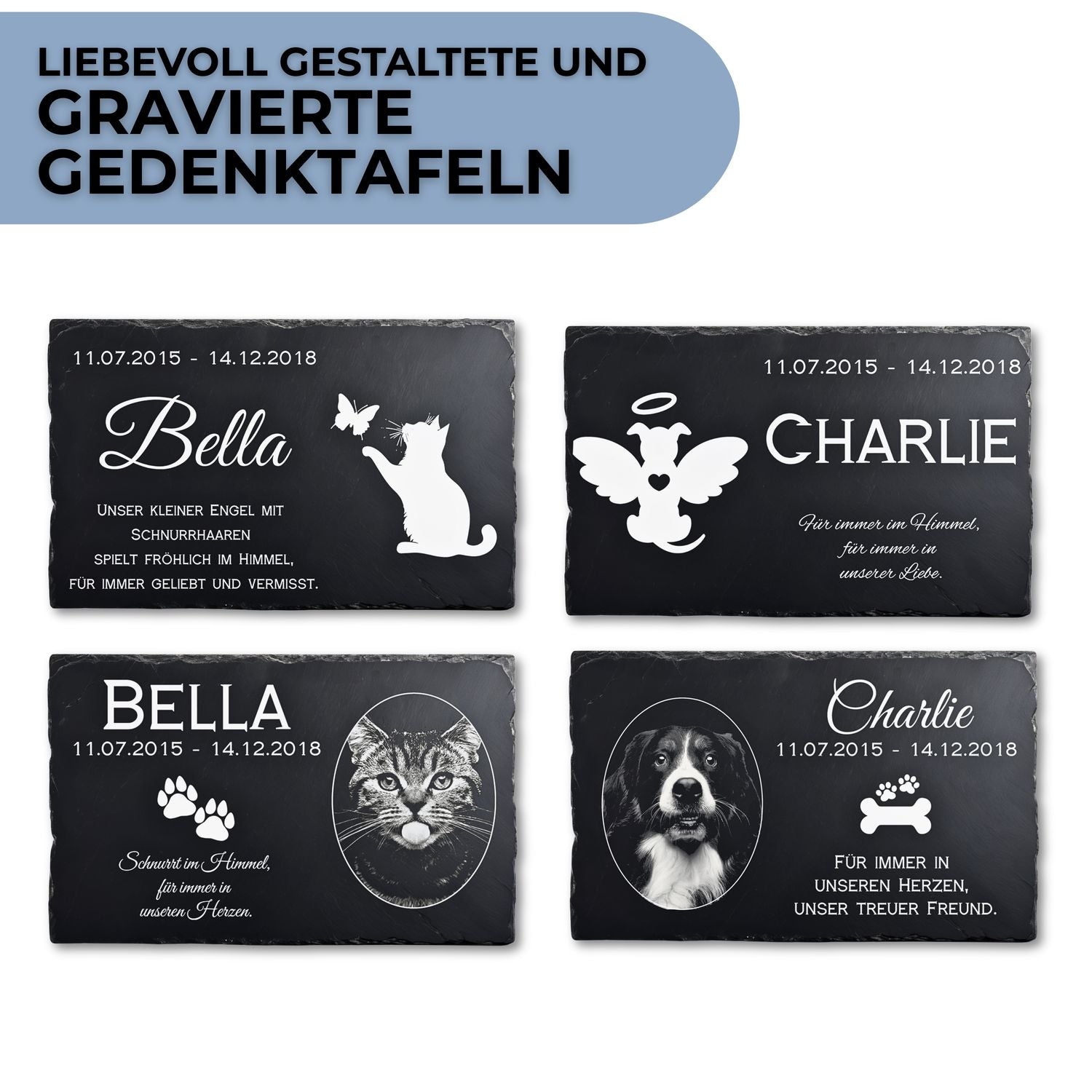 Personalisierte Schiefer Grabplatte mit Katzenporträt und Gravur, dunkle schiefer Grabplatte