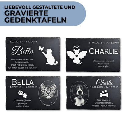 Personalisierte Schiefer Grabplatte mit Katzenporträt und Gravur, dunkle schiefer Grabplatte