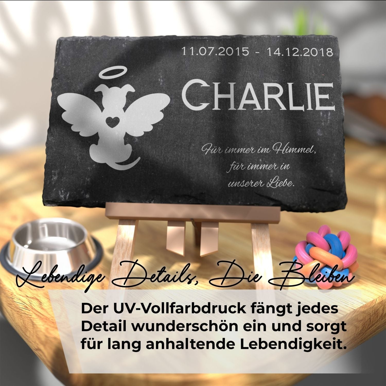 Personalisierte Schiefer Grabplatte mit Katzenporträt und Gravur für eine einzigartige Gedenkplatte