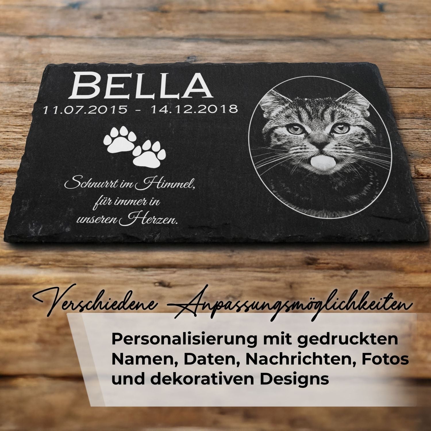 Personalisierte Schiefer Grabplatte mit Katzenporträt und Gravur für ein einzigartiges Andenken