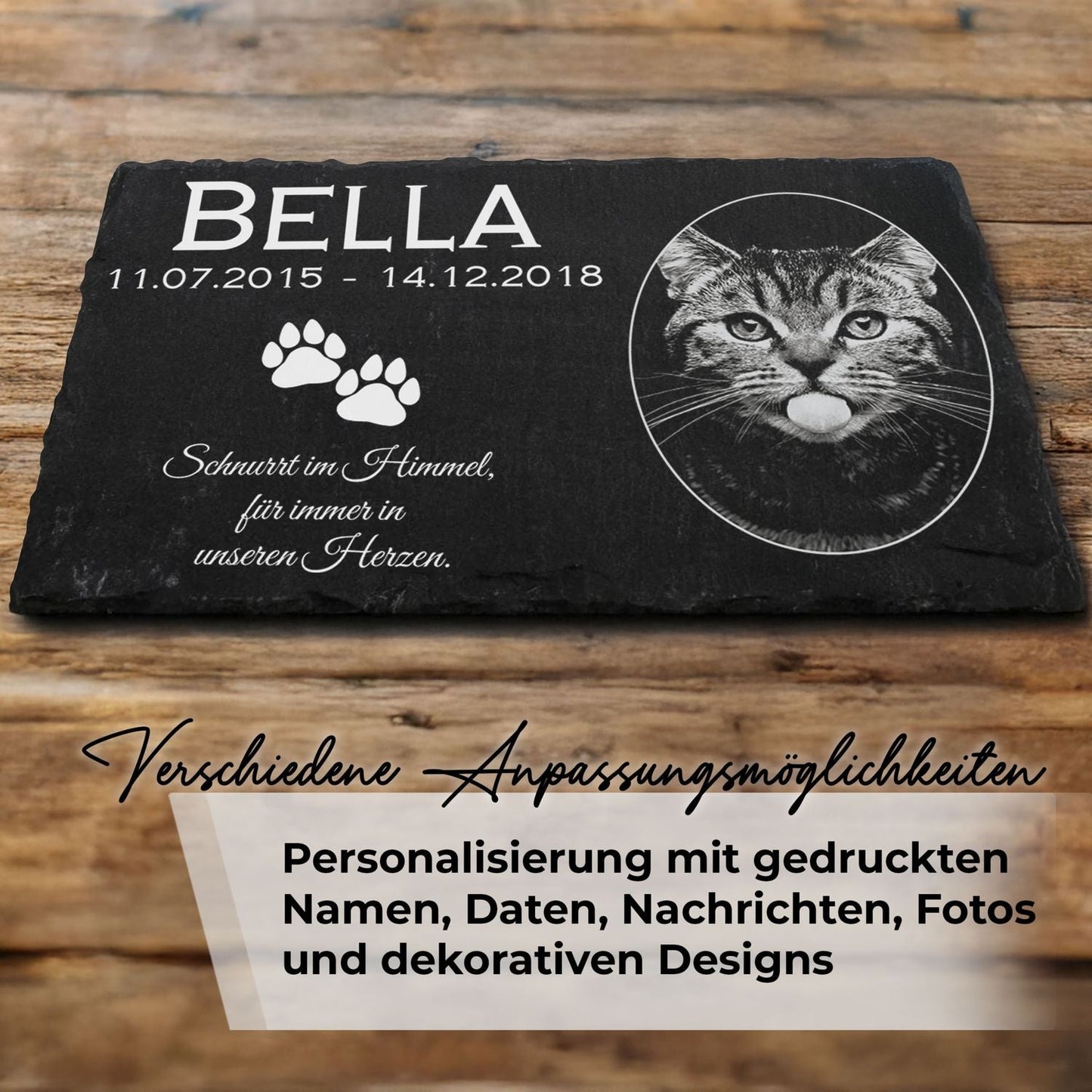 Personalisierte Schiefer Grabplatte mit Katzenporträt und Gravur für ein einzigartiges Andenken