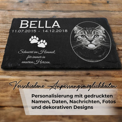 Personalisierte Schiefer Grabplatte mit Katzenporträt und Gravur für ein einzigartiges Andenken