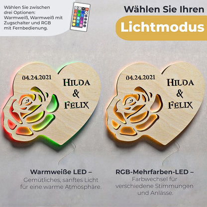 Zwei personalisierte Wandleuchte Herz aus Holz mit Namen und LED-Beleuchtung
