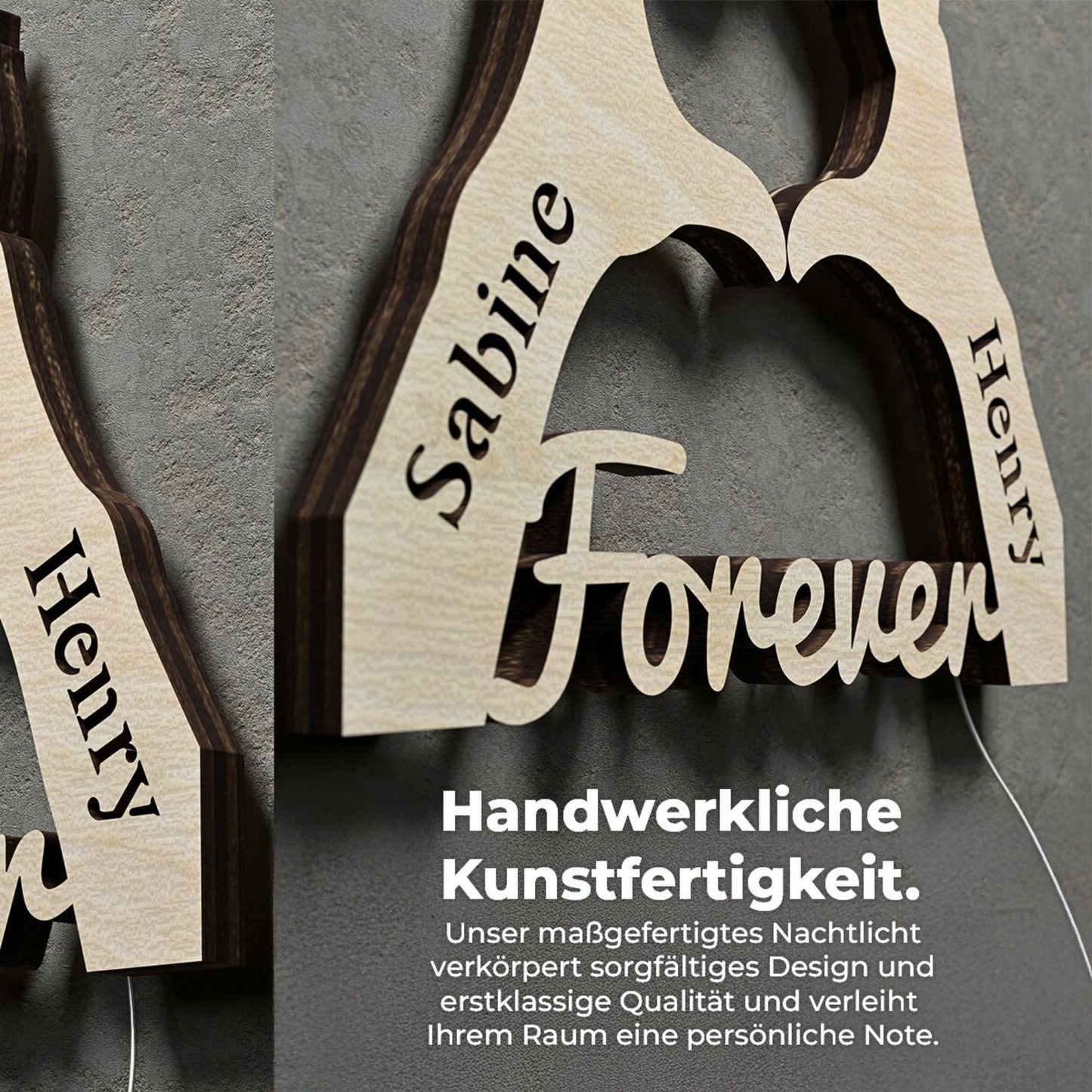Personalisierte Wandleuchte Herz aus Holz mit Namen, liebevolle Wandleuchte Herz Dekor
